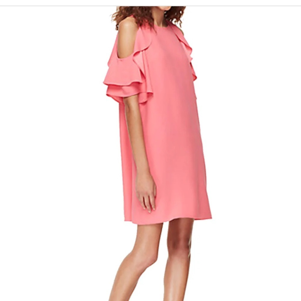 Kate Spade Pink Cold Shoulder Ruffle Crepe Mini Dress Size Medium